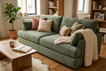 Grand canapé en tissu chenille vert sauge dans un salon cocooning avec plaids et coussins chaleureux