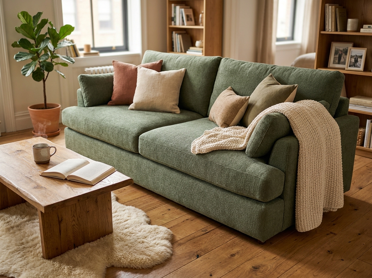 Grand canapé en tissu chenille vert sauge dans un salon cocooning avec plaids et coussins chaleureux