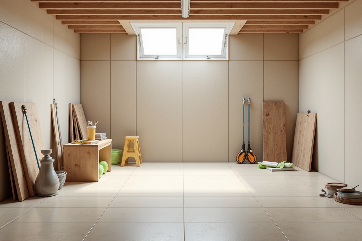 Salle de sous-sol moderne avec carrelage beige naturel