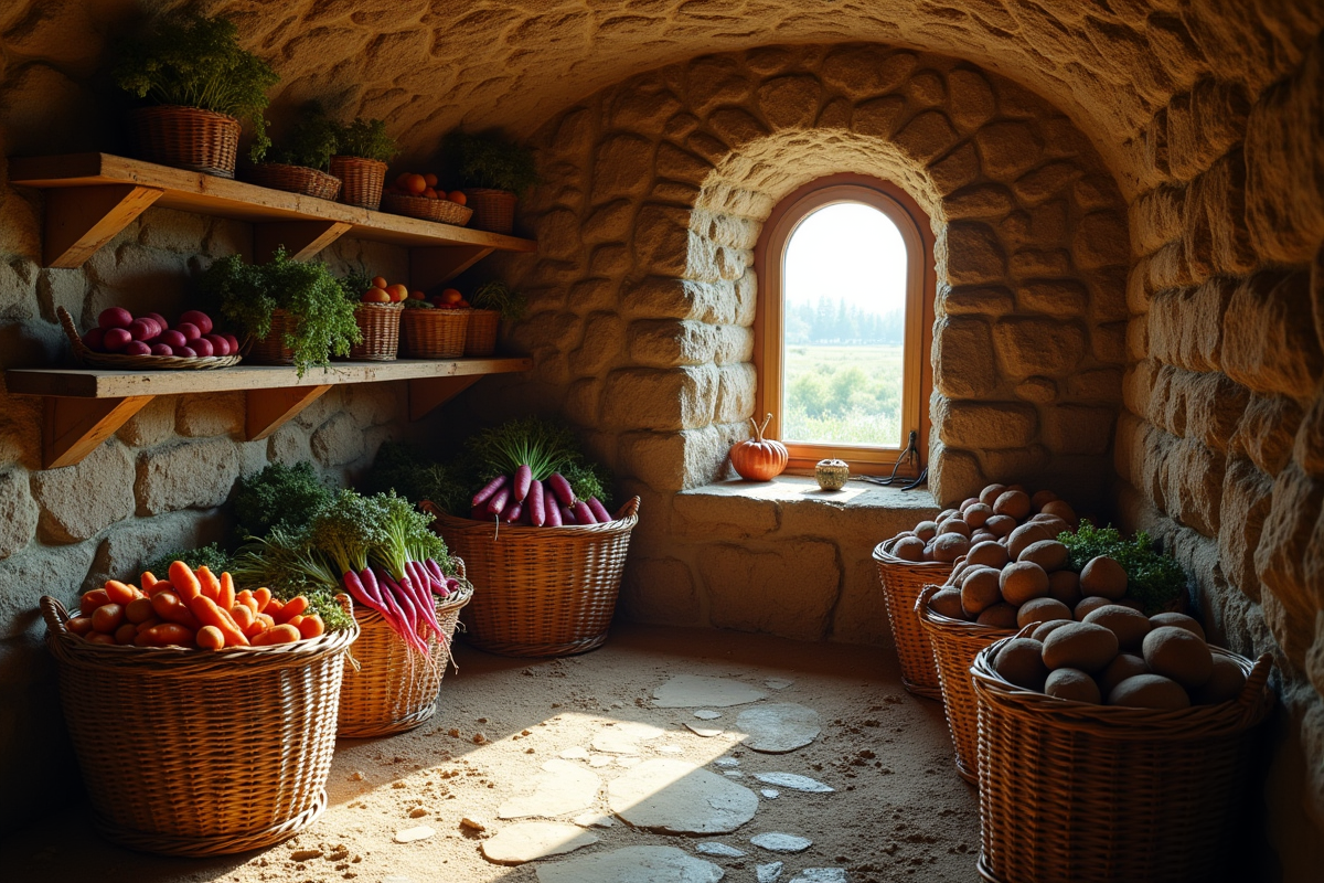 Cellier traditionnel avec paniers de légumes frais