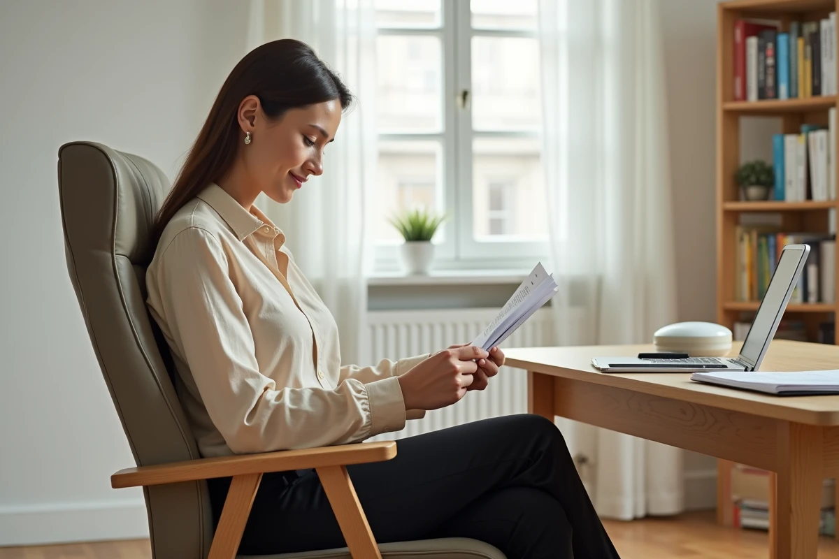 Femme assise confortablement sur une chaise de bureau en bois aux bonnes dimensions, posture ergonomique avec les pieds à plat et les genoux à 90 degrés