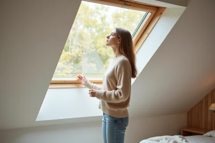 Femme dans une chambre mansardee sous Velux en r&eacute;fl&eacute;chissant