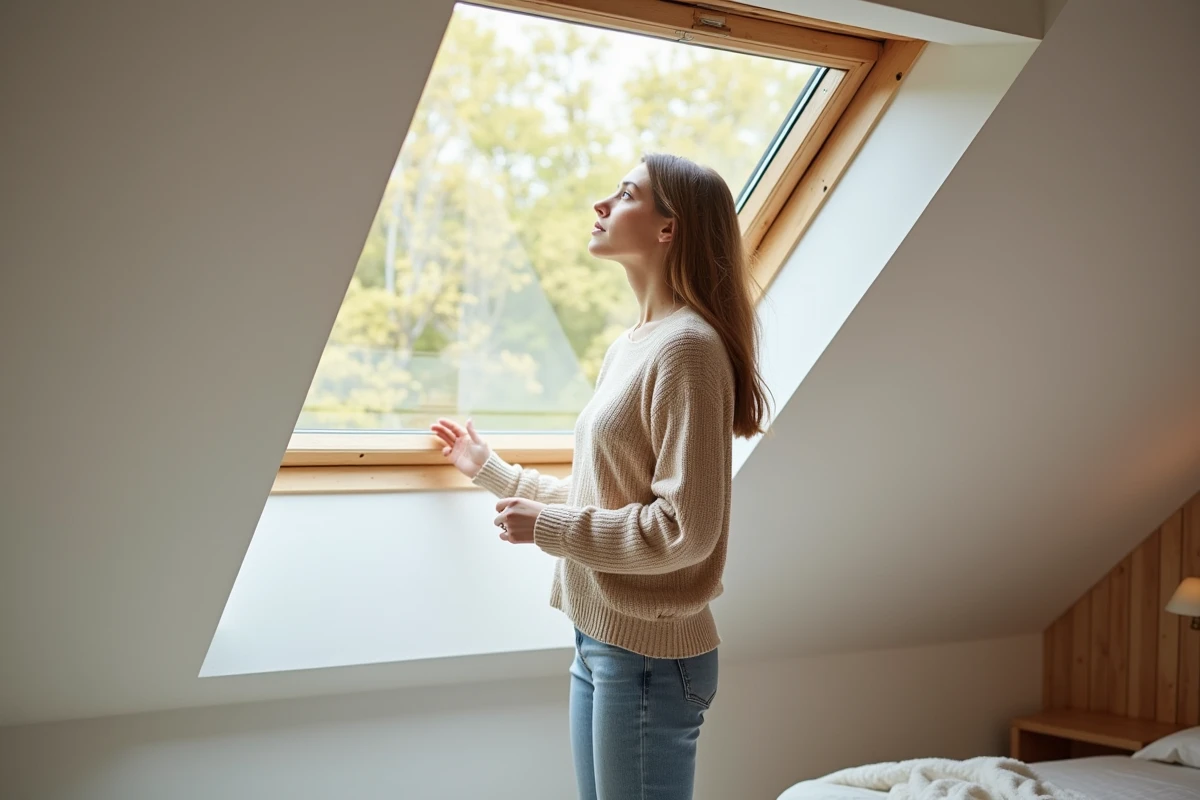 Femme dans une chambre mansardee sous Velux en réfléchissant