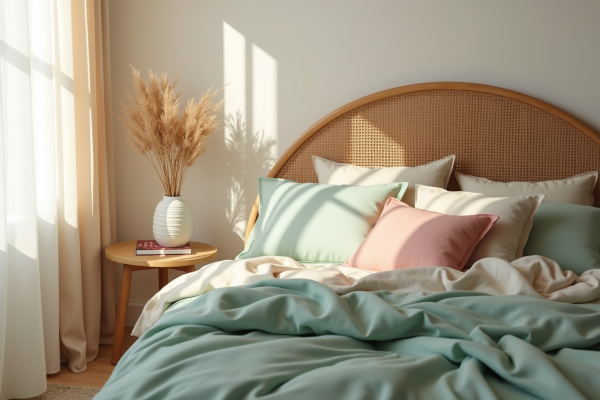 Chambre chaleureuse avec literie vert eau et coussins pastel