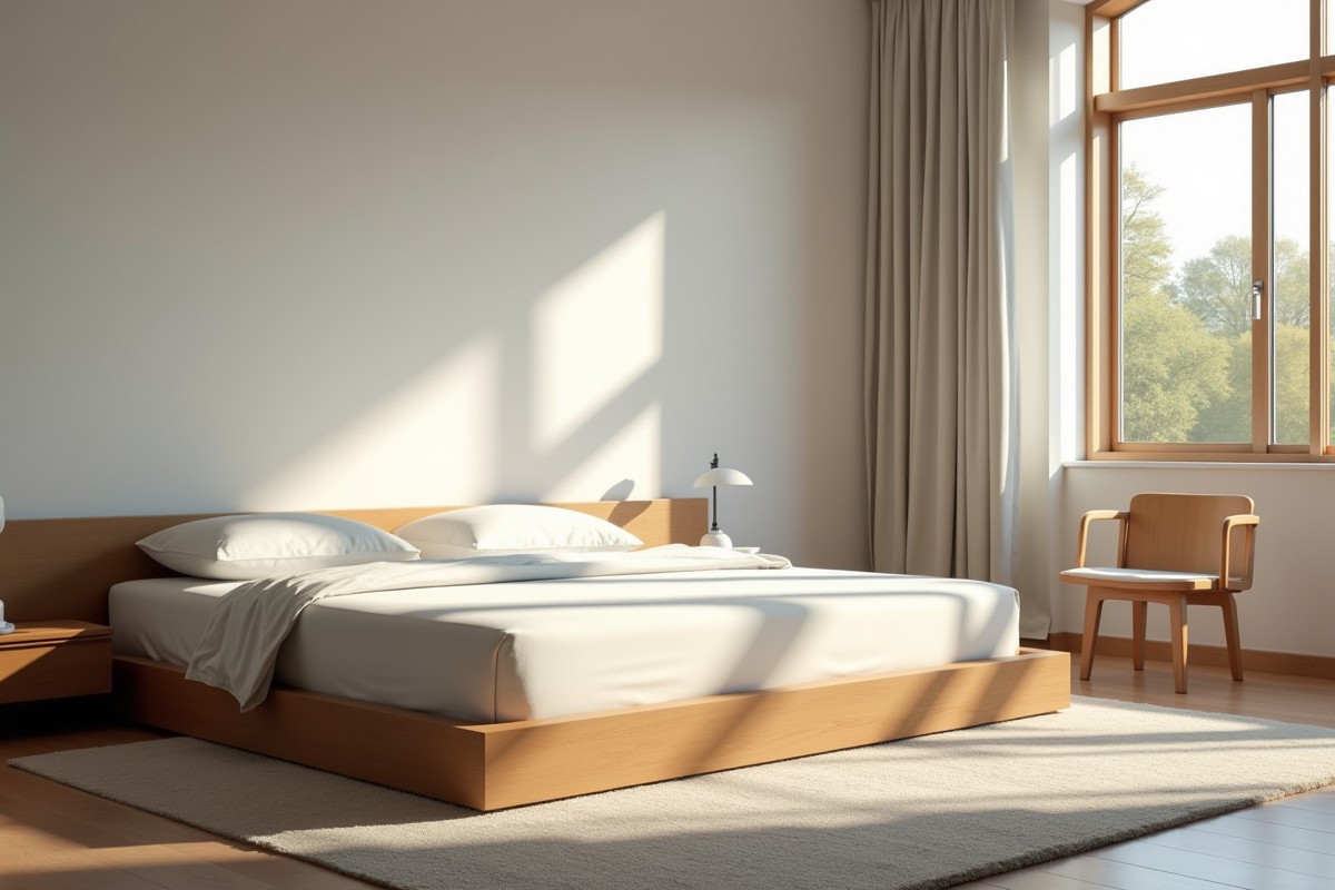 Chambre moderne en plein jour avec lit vide et chaise face au coussin