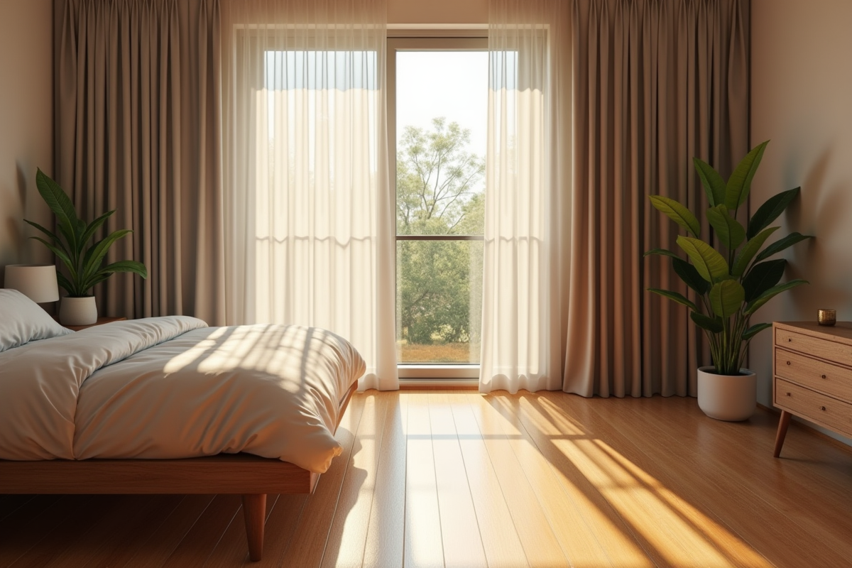 Chambre chaleureuse avec soleil matinal et rideaux