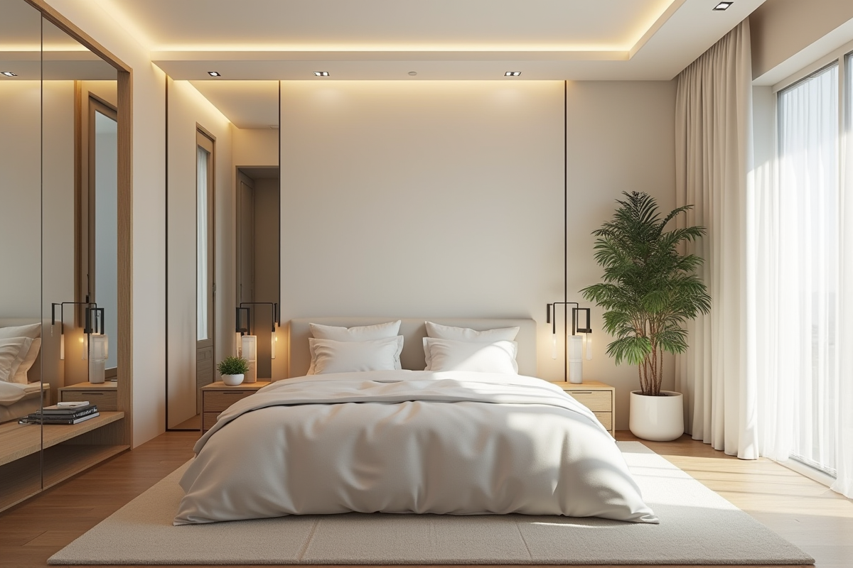 Chambre minimaliste avec miroirs et plantes hautes