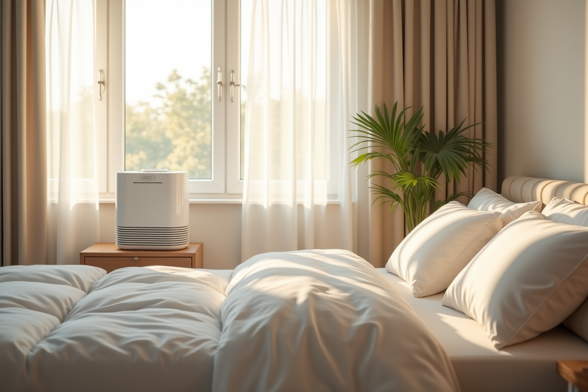 Chambre moderne avec déshumidificateur élégant près du lit