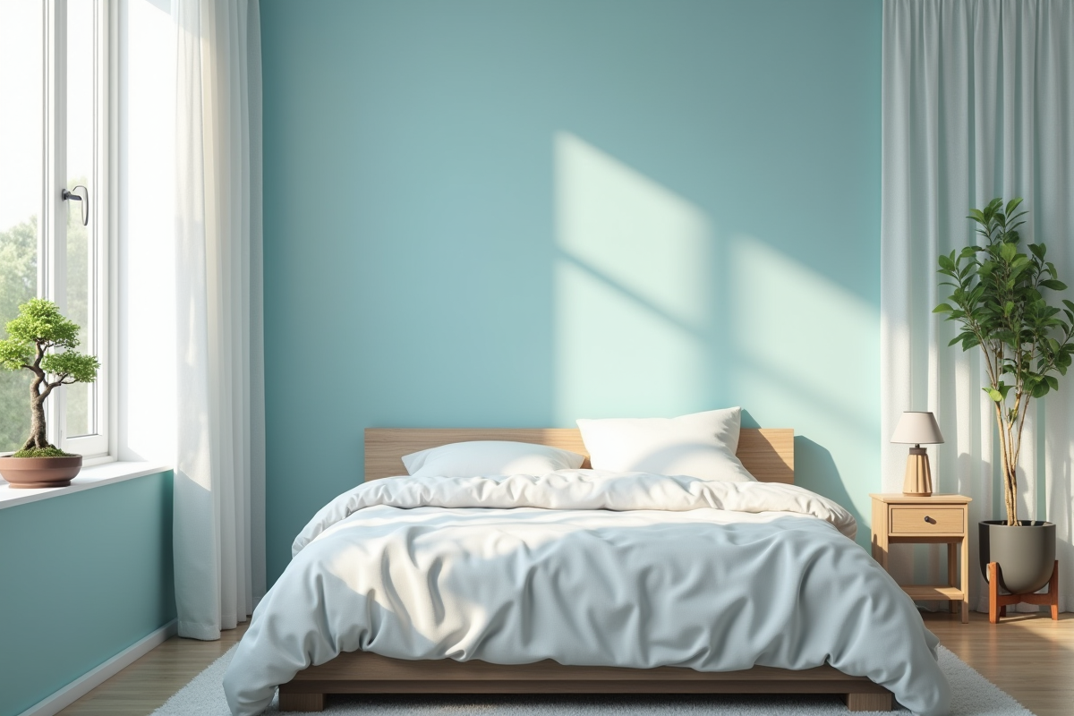 Chambre moderne pastel avec lit blanc et bonsaï zen
