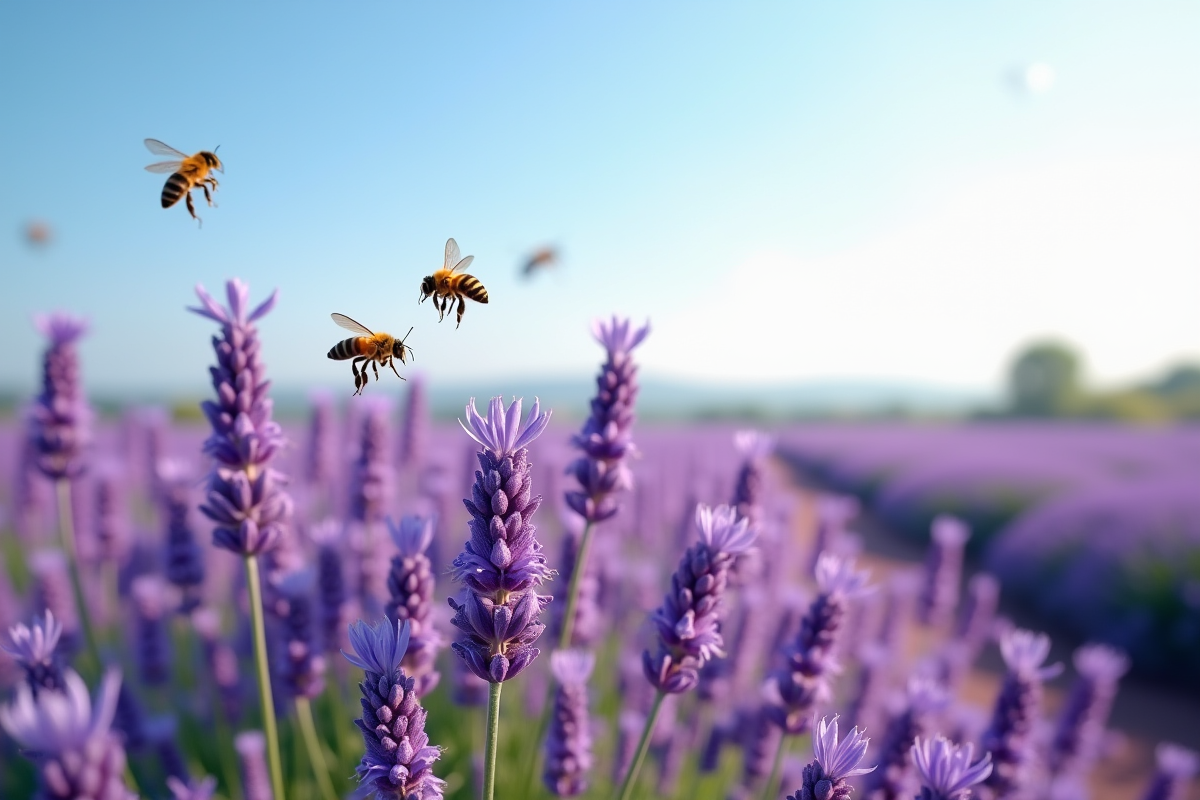 Champ de lavande en fleurs avec des abeilles volantes sous un ciel bleu