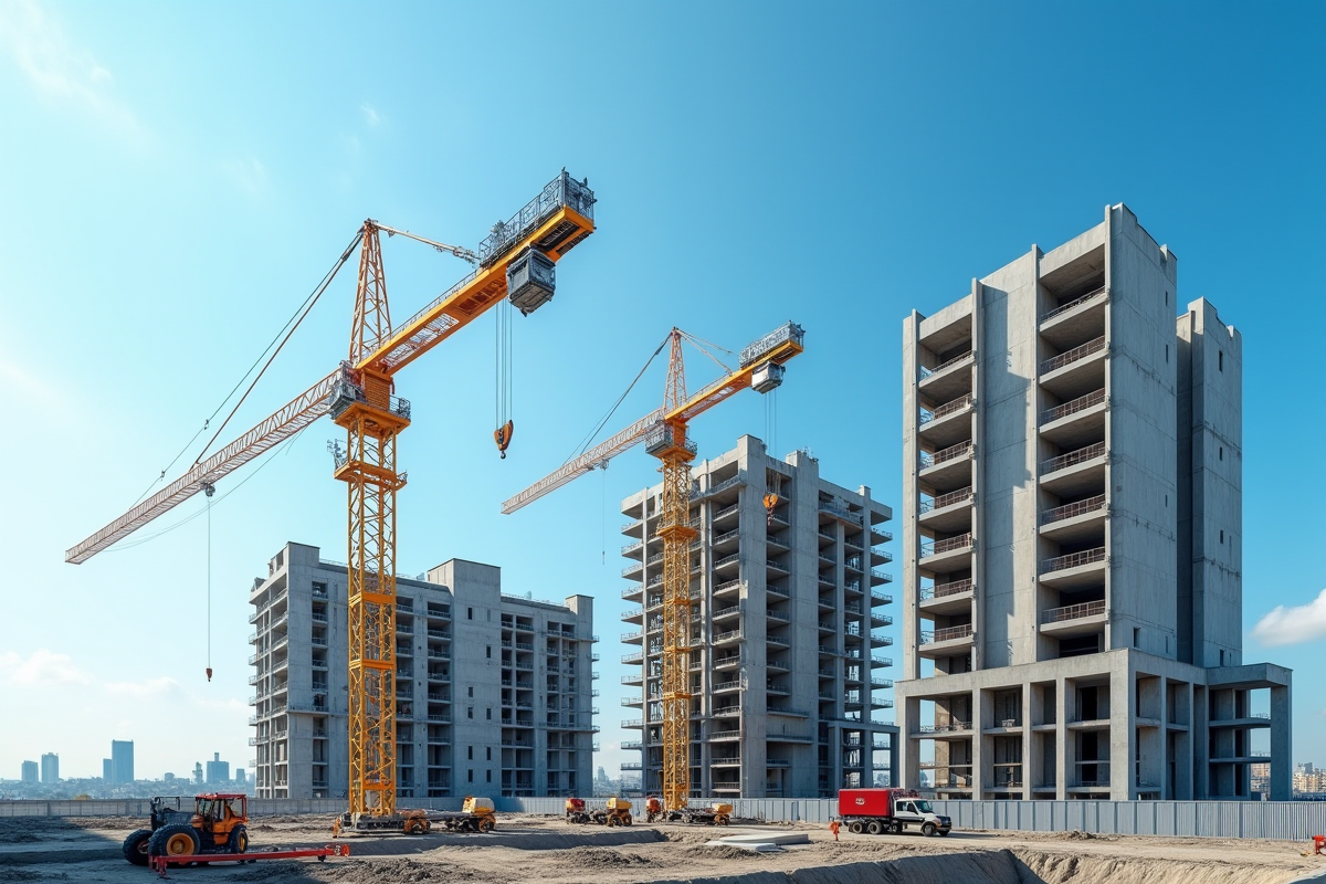 Chantier moderne avec grues et ouvriers en sécurité