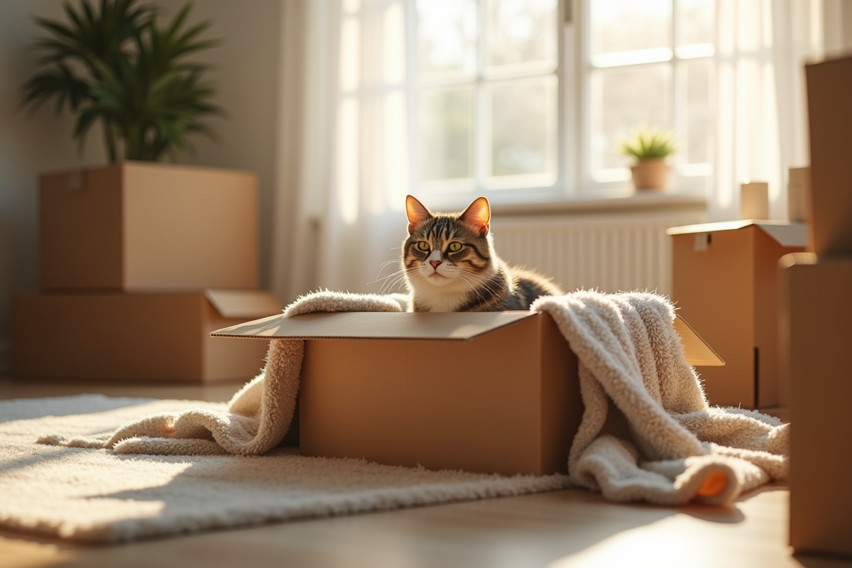 Chat calme dans une boîte en carton dans un salon lumineux