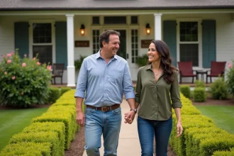 Chip et Joanna Gaines souriants devant une ferme restaurée