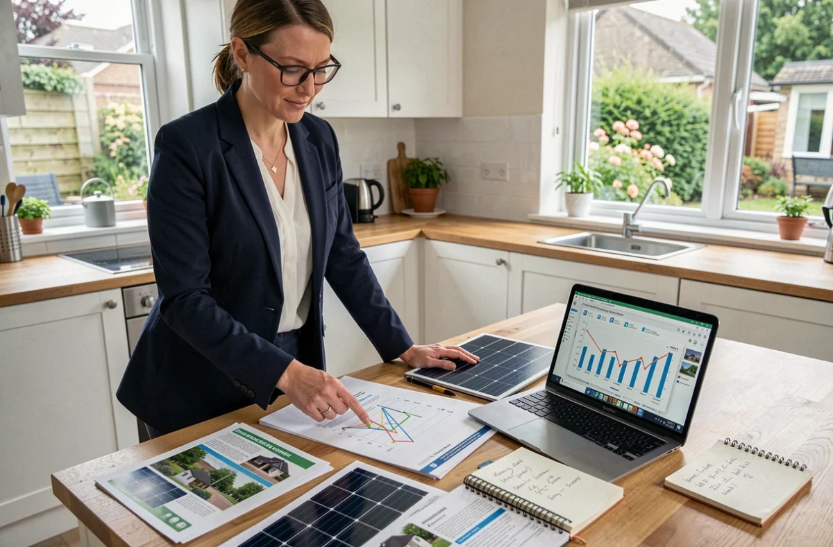 Conseillère en énergie solaire analysant des données de consommation et des brochures de panneaux solaires dans une cuisine moderne