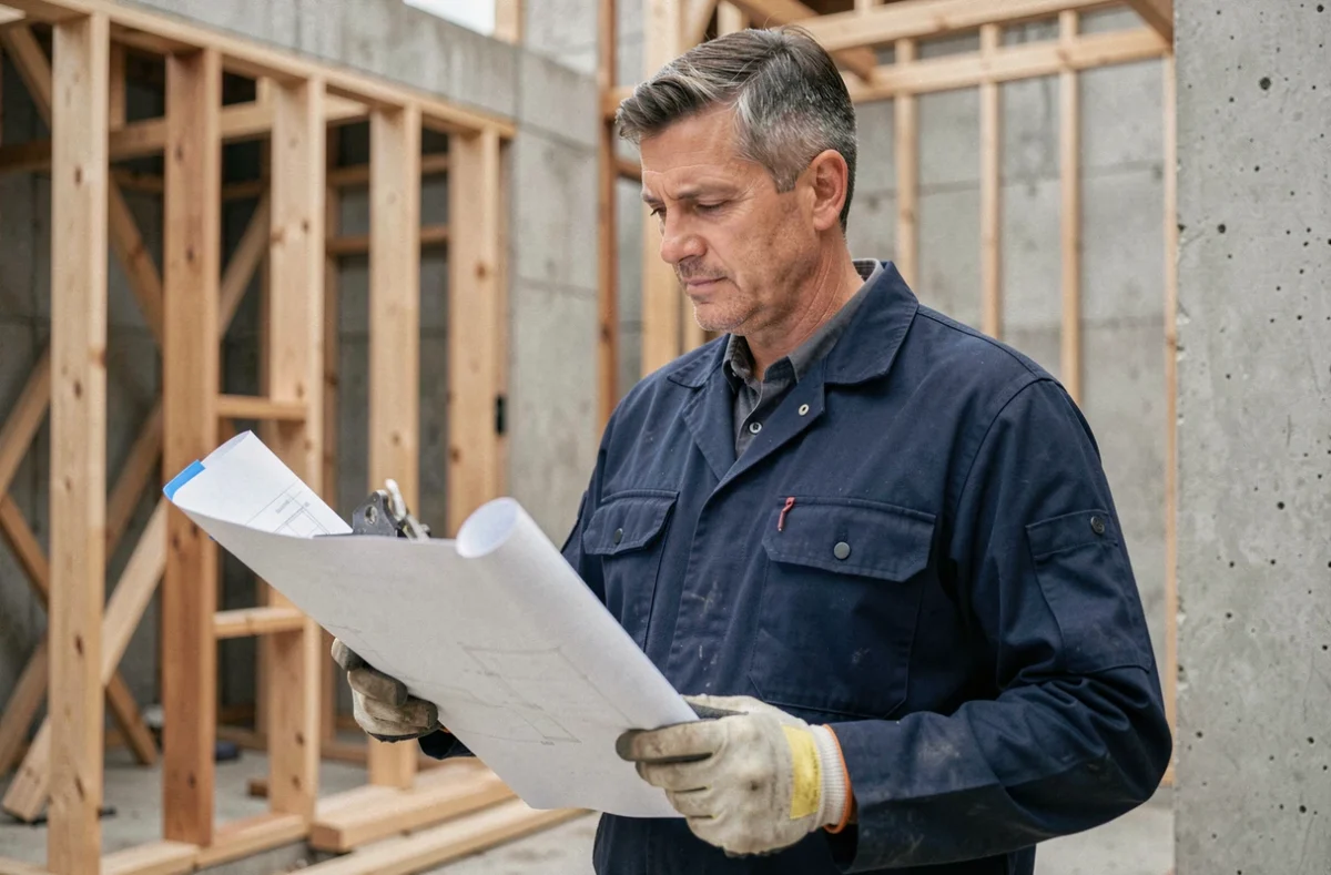 Chef de chantier consultant des plans sur un site de construction et rénovation dans le 94 pour Cholet Bâtiment