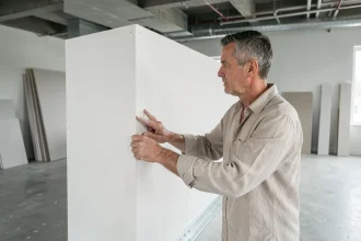 Professionnel du bâtiment examinant une cloison demi-hauteur en plaque de plâtre dans un bureau en rénovation