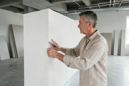 Professionnel du bâtiment examinant une cloison demi-hauteur en plaque de plâtre dans un bureau en rénovation