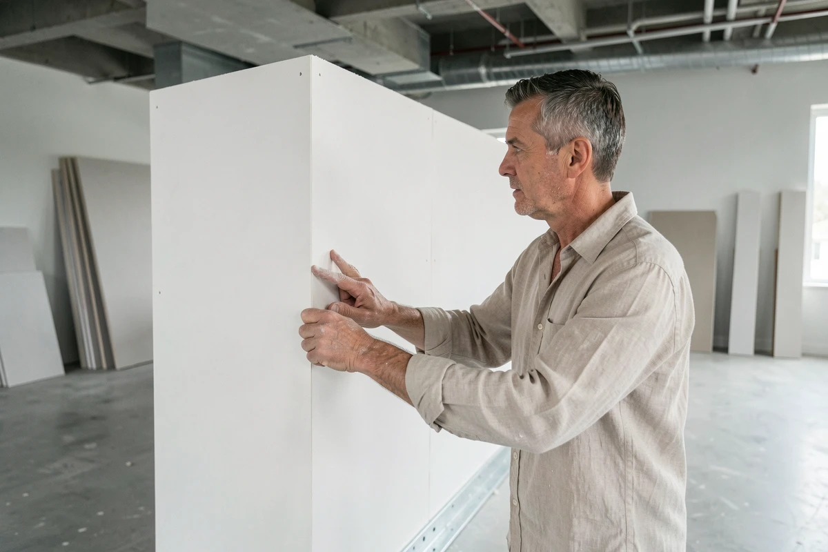 Professionnel du bâtiment examinant une cloison demi-hauteur en plaque de plâtre dans un bureau en rénovation