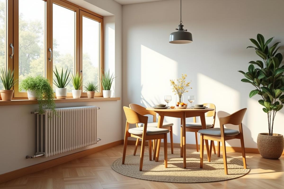 Coin repas chaleureux avec table en bois et plantes