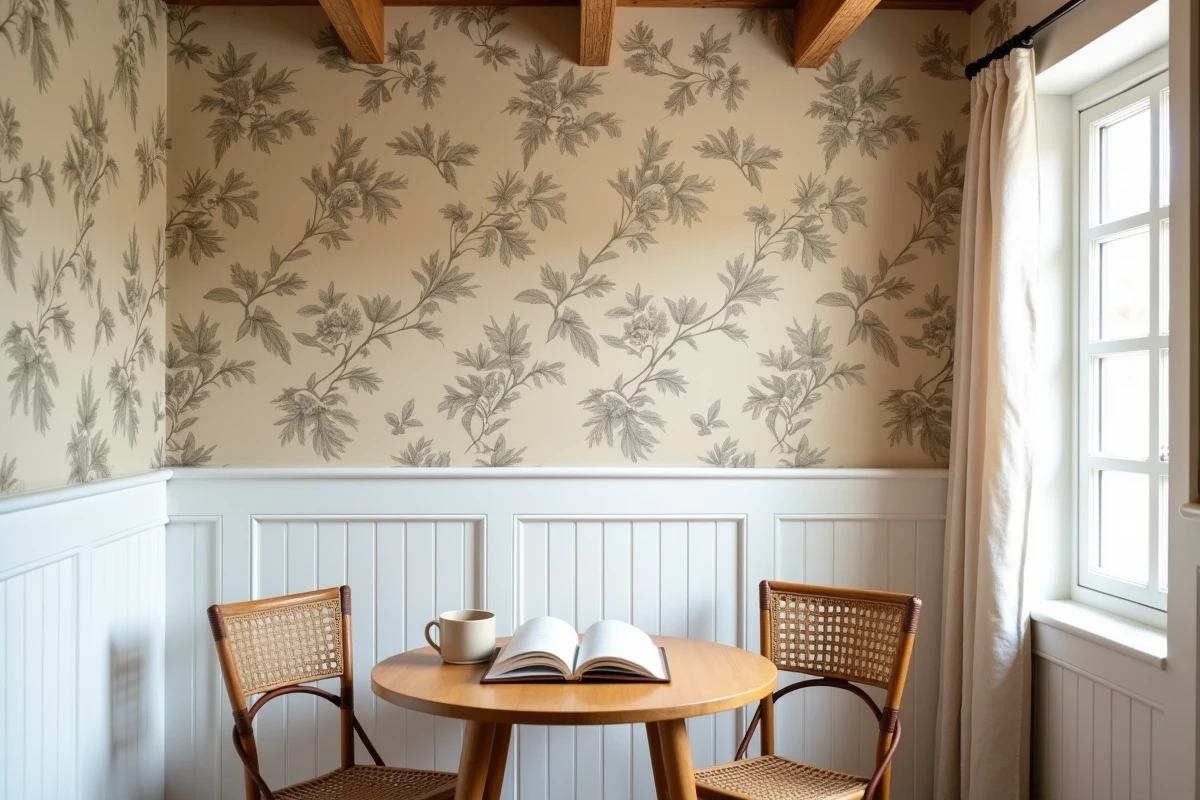 Coin repas de cuisine rustique avec papier peint toile de Jouy beige lavable et lambris blanc
