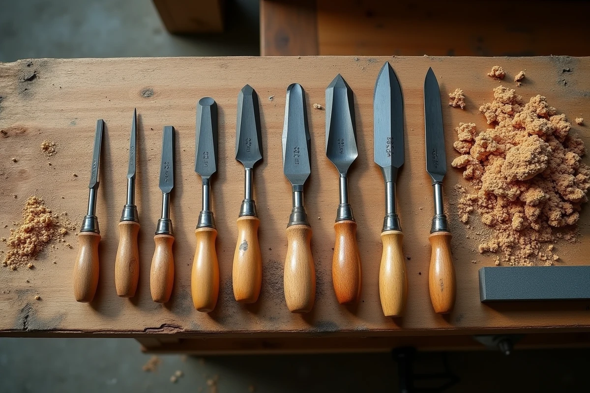 Collection de gouges à bois professionnelles classées par taille sur un établi
