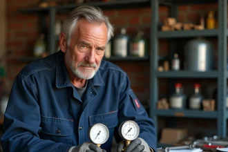 Technicien comparant un détendeur butane et un détendeur propane sur un établi d'atelier