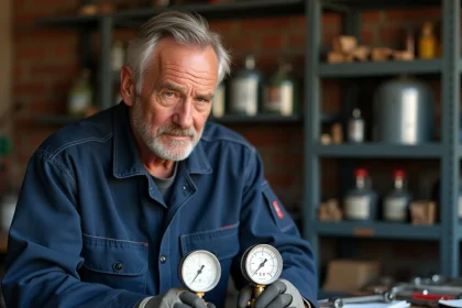 Technicien comparant un détendeur butane et un détendeur propane sur un établi d'atelier