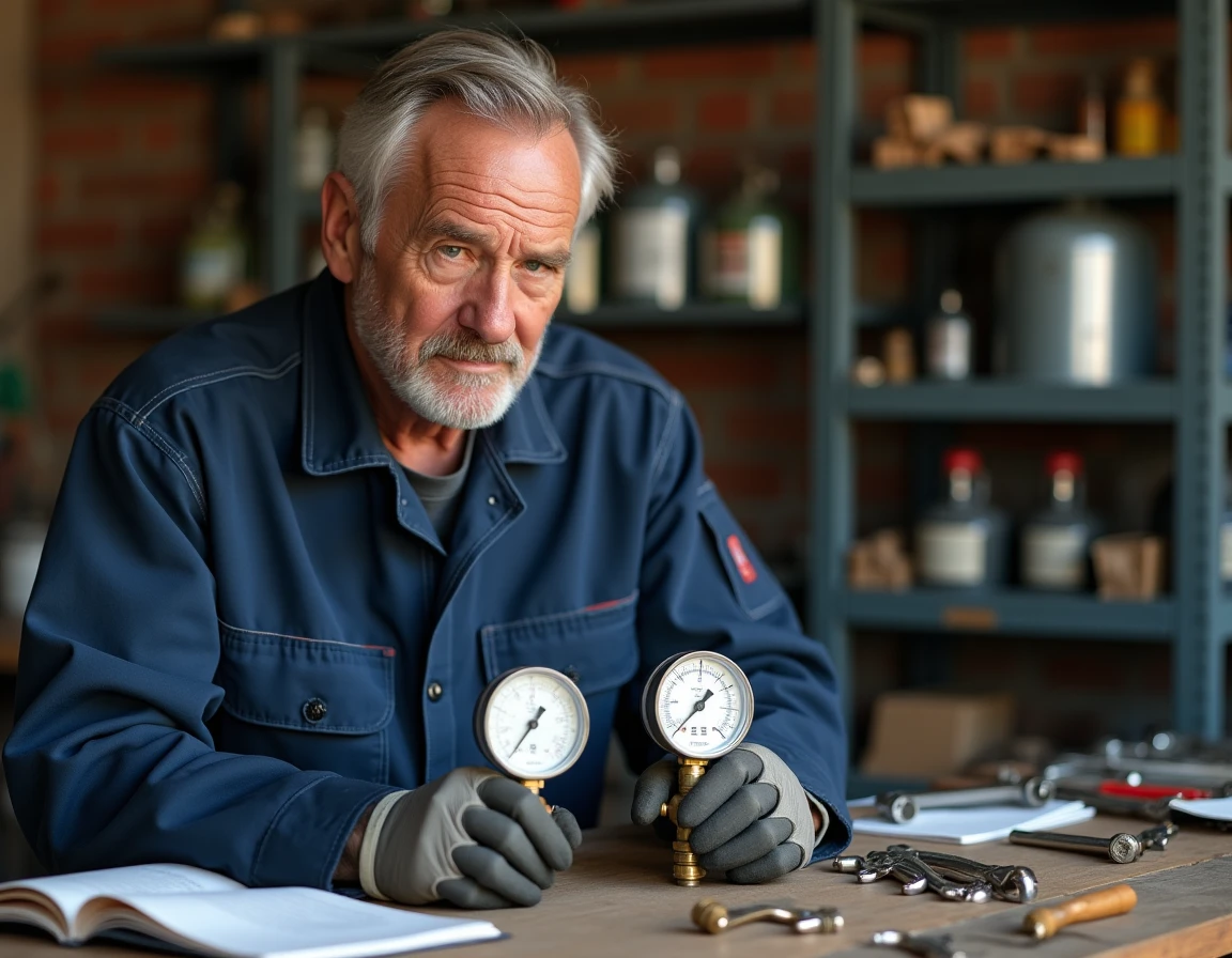 Technicien comparant un détendeur butane et un détendeur propane sur un établi d'atelier