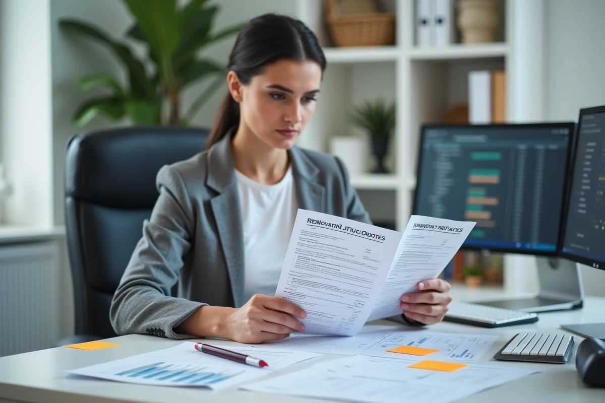 Femme comparant deux devis de travaux sur un bureau à domicile avec surligneurs et notes autocollantes