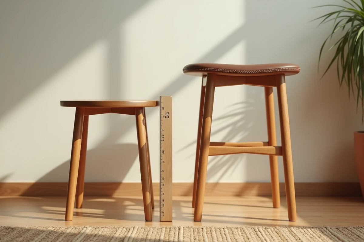 Comparaison de deux chaises aux dimensions différentes placées côte à côte avec une règle sur les assises pour illustrer le choix de la bonne hauteur standard