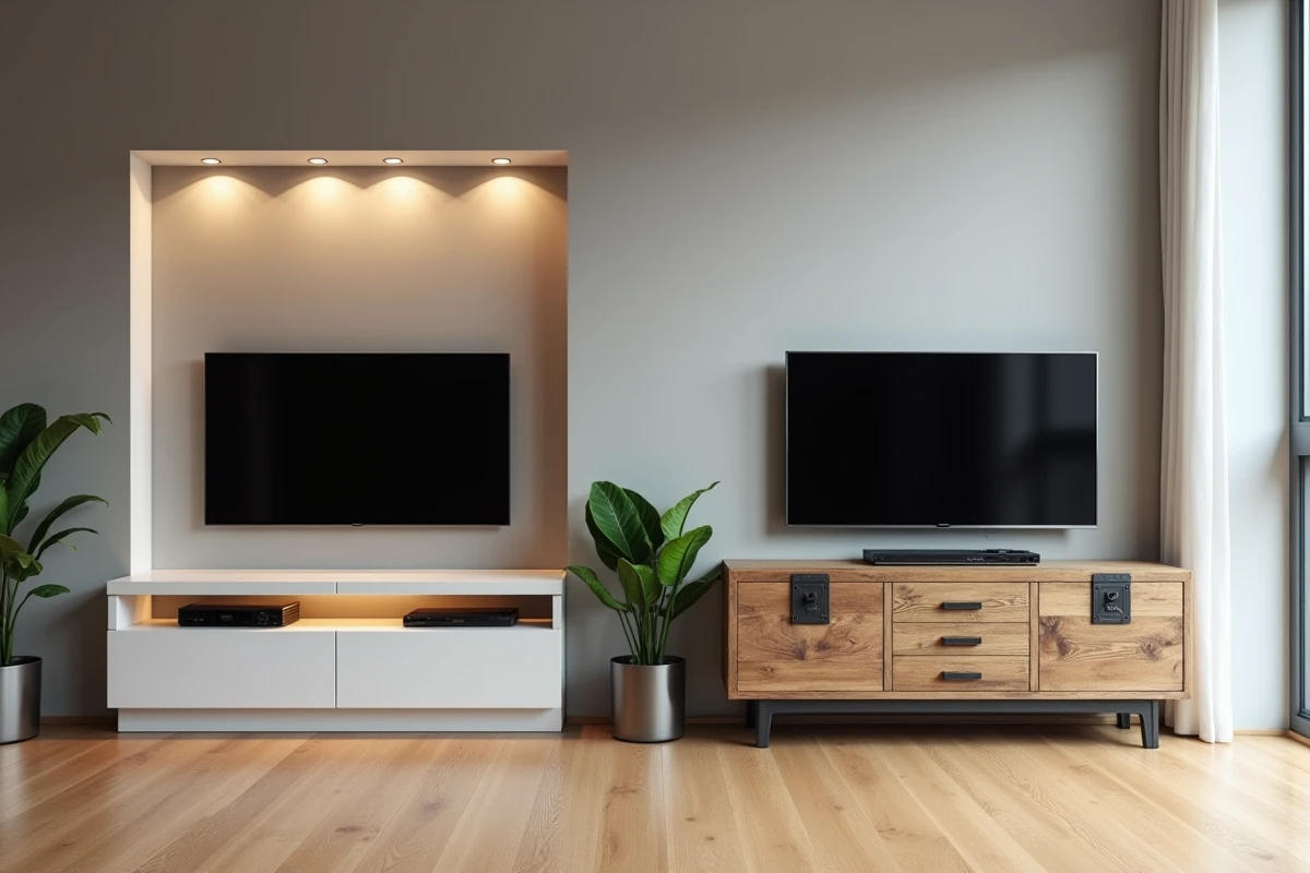 Comparaison en showroom entre un meuble TV en placo contemporain et un meuble TV en bois recyclé rustique côte à côte