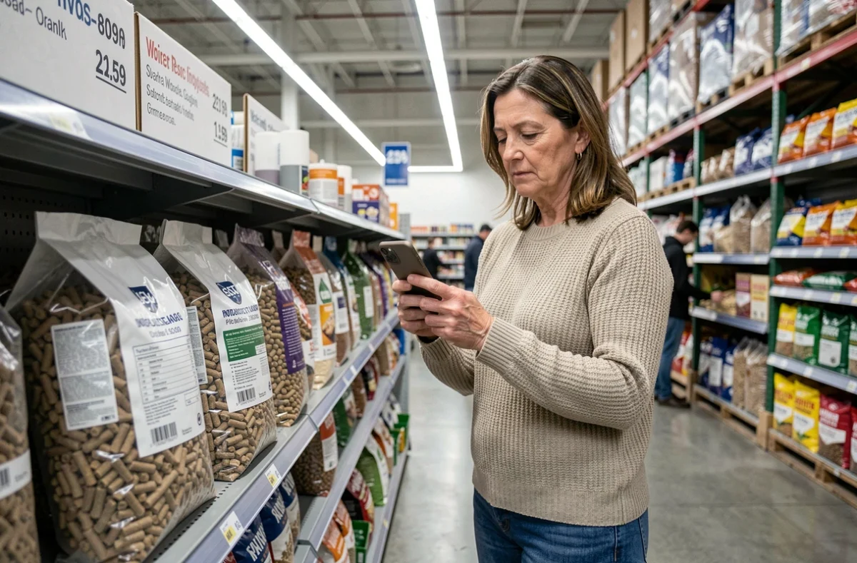 Femme comparant les prix de sacs de pellets de bois dans le rayon chauffage d'un supermarché Leclerc, smartphone en main
