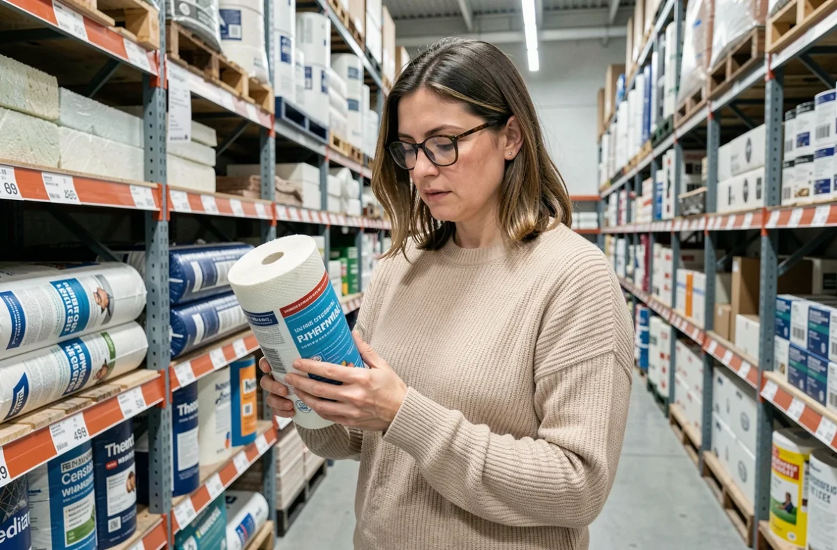 Femme comparant des rouleaux d'isolant thermique dans un magasin de bricolage