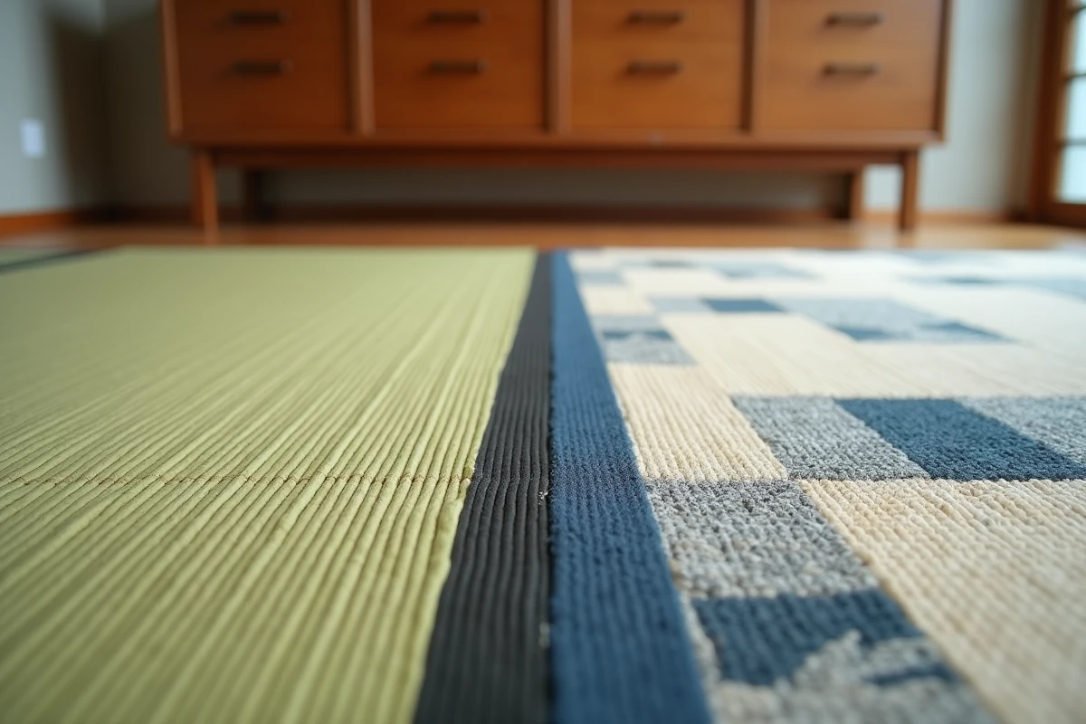 Comparaison en gros plan d'un tatami traditionnel en jonc de mer et d'un tapis japonisant à motifs géométriques indigo sur parquet bois