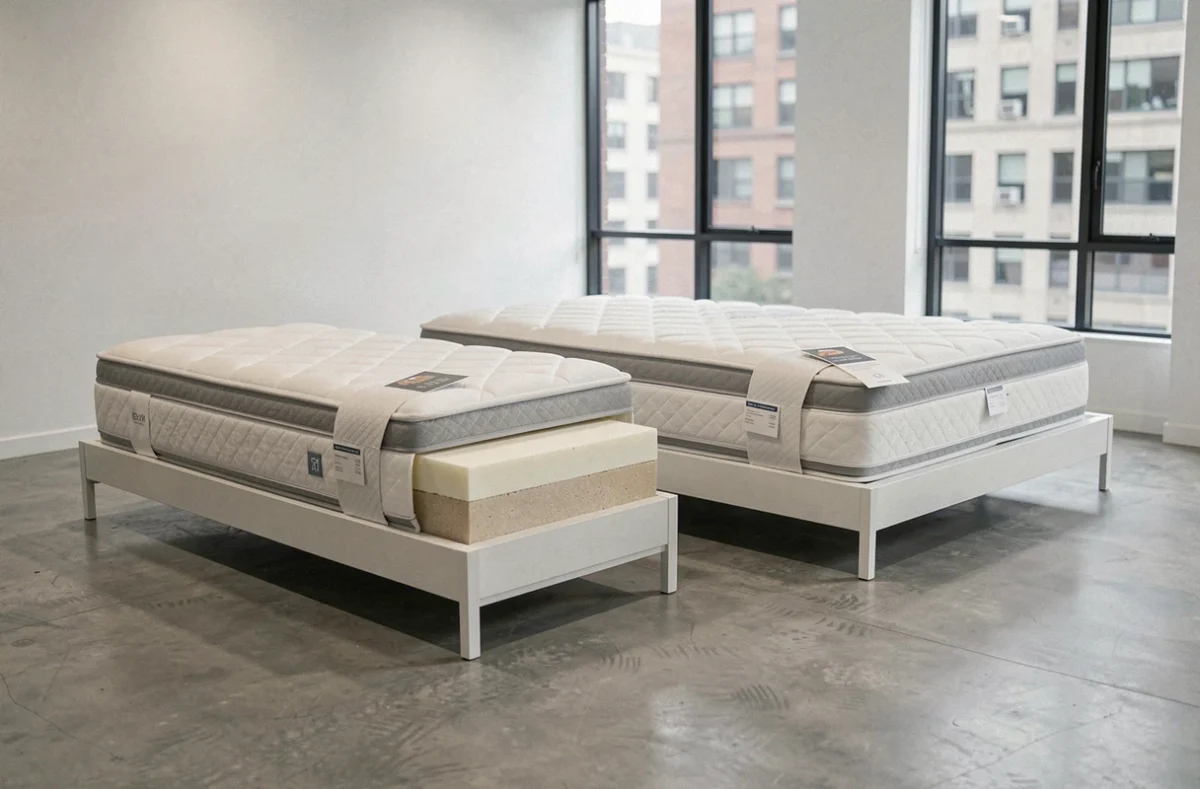 Comparatif de deux matelas premium côte à côte dans un showroom moderne et épuré