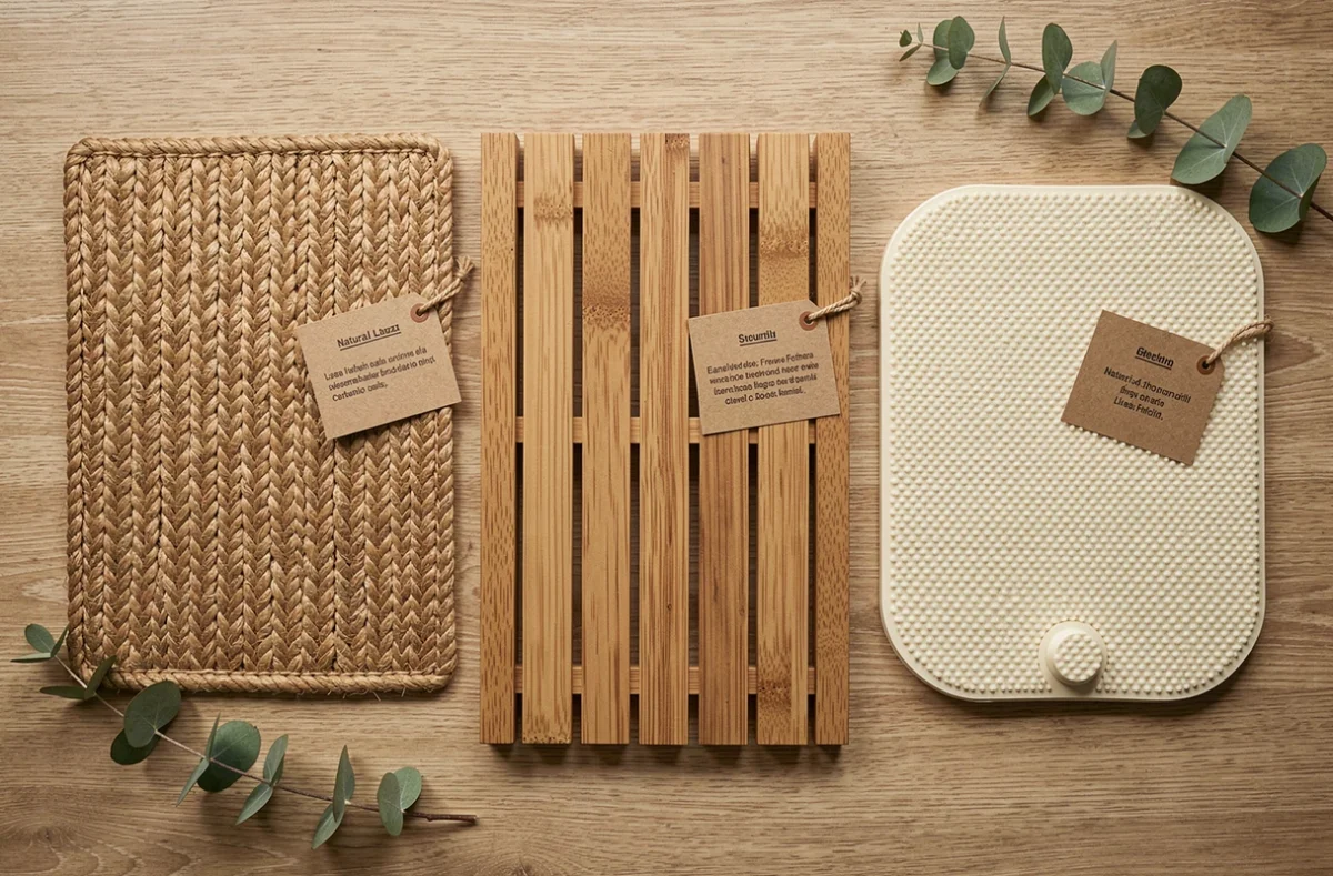 Comparaison de trois tapis de bain écologiques en jute, bois de teck et latex naturel sans phtalates ni PVC