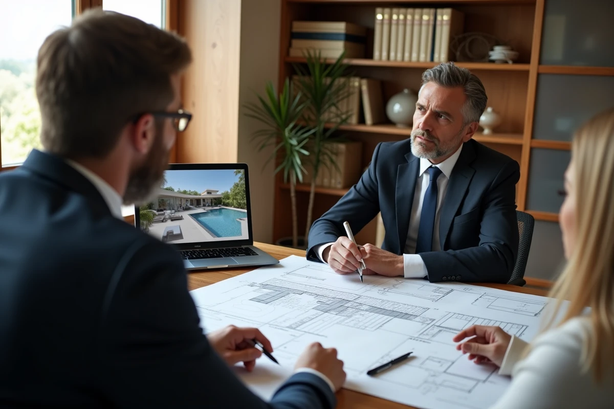 Conseiller fiscal expliquant à un couple les dimensions de piscine non imposables sur des plans architecturaux