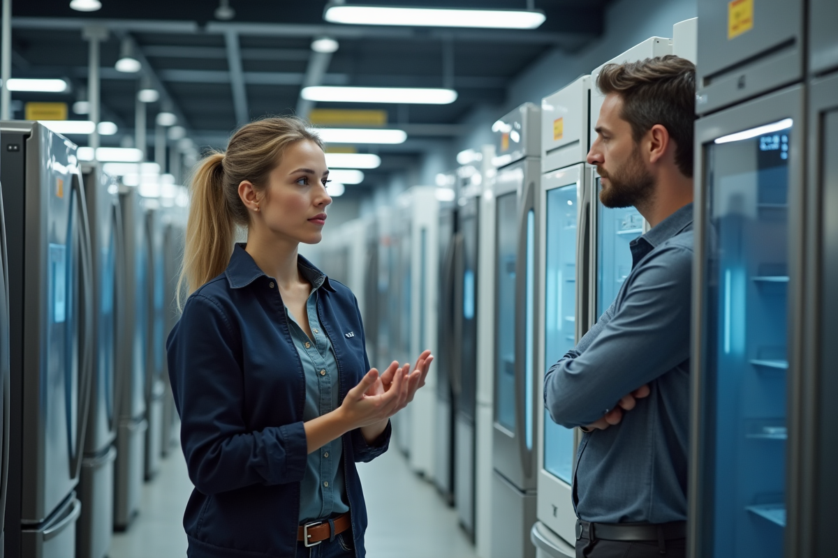 Vendeur expliquant choix de fridges avec client dans magasin