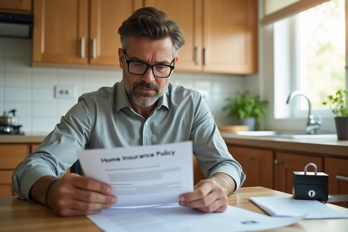 Homme consultant un contrat d'assurance habitation avec une boîte à clé posée sur la table