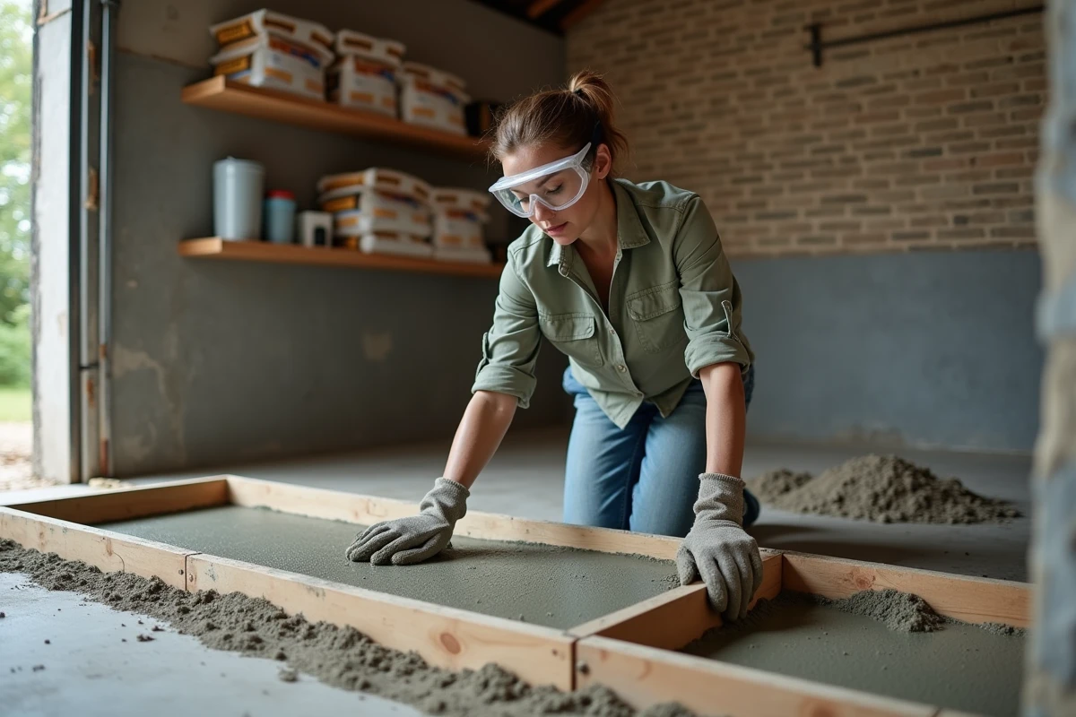 Femme nivelant une dalle béton dans un coffrage en bois à l'intérieur d'un garage