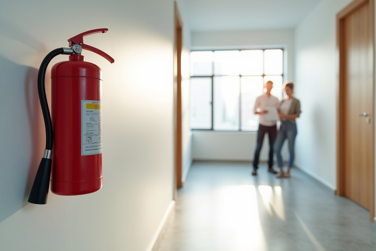 Couloir d appartement moderne avec extincteur rouge et deux personnes