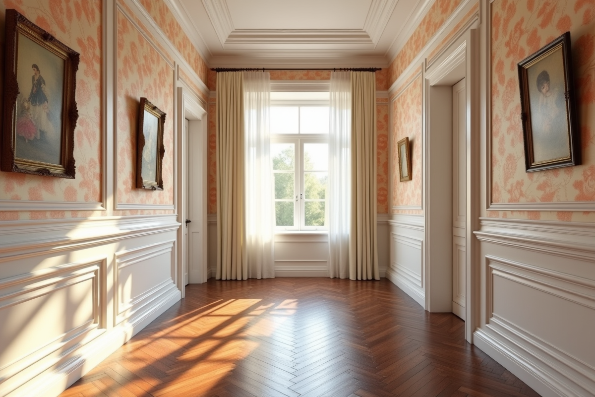 Couloir classique avec papier peint pastel et parquet en chevrons