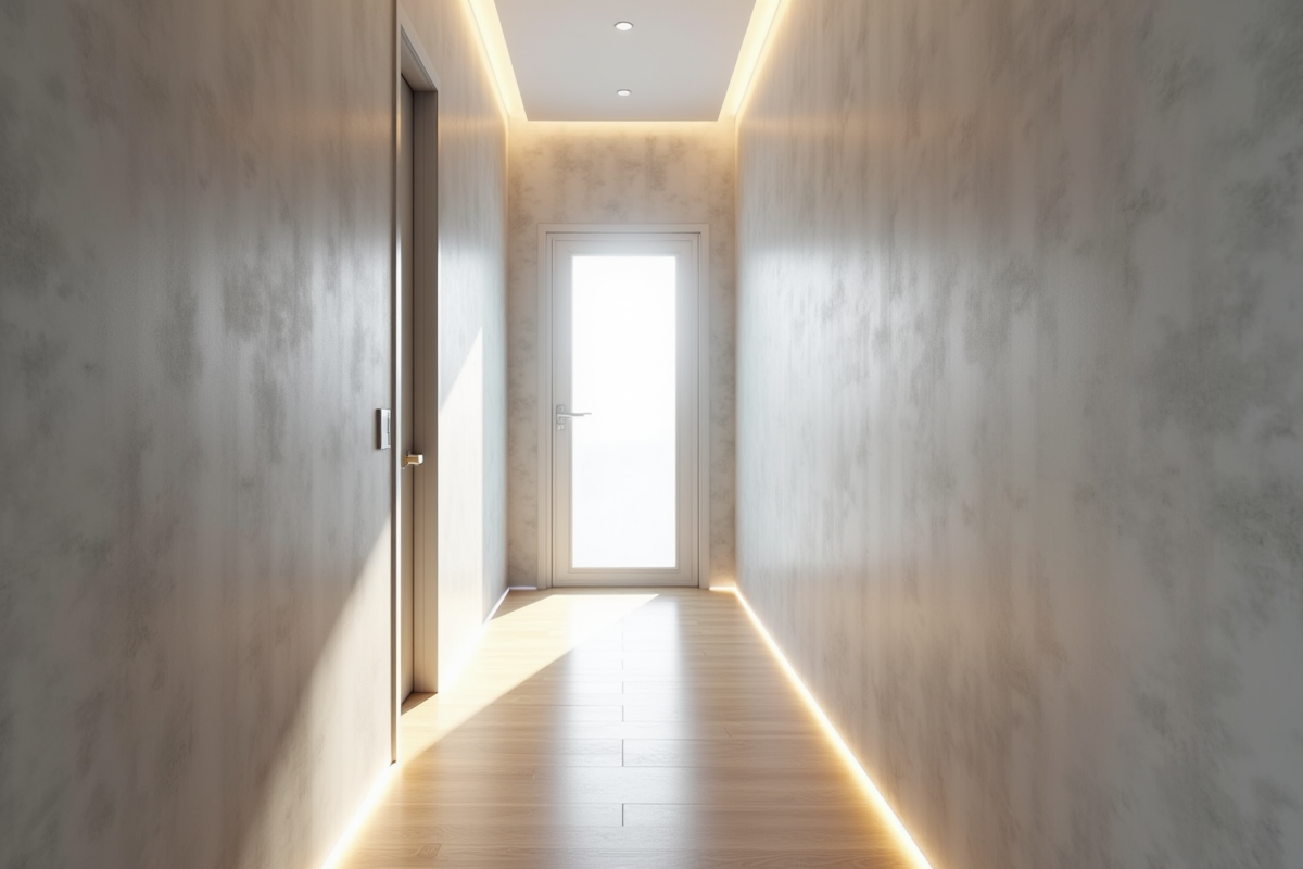 Couloir moderne avec éclairage LED et sol en bois clair