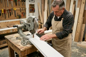 Artisan réalisant une coupe à 45 degrés sur une plinthe en bois avec une scie à onglet dans un atelier de menuiserie