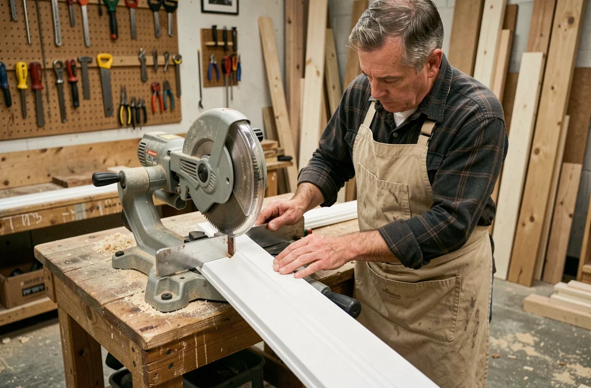 Artisan réalisant une coupe à 45 degrés sur une plinthe en bois avec une scie à onglet dans un atelier de menuiserie