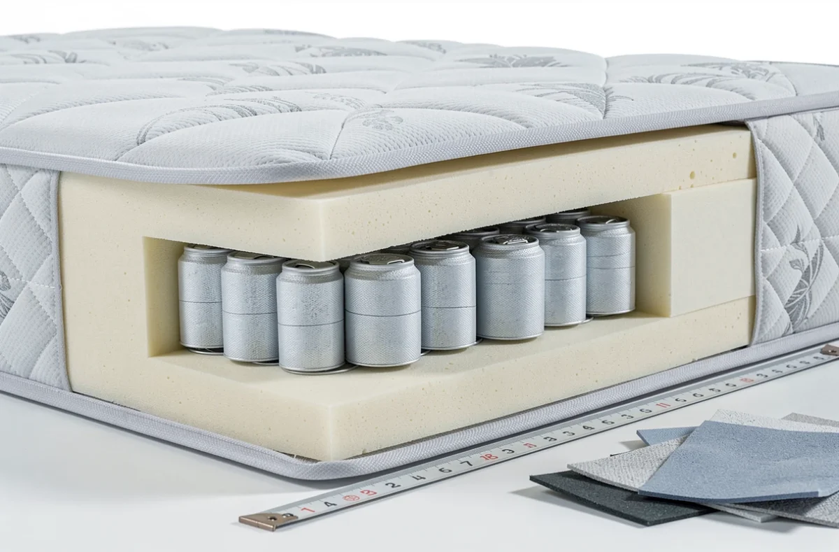 Coupe transversale détaillée d'un matelas de luxe révélant ses couches internes en mousse et ressorts ensachés