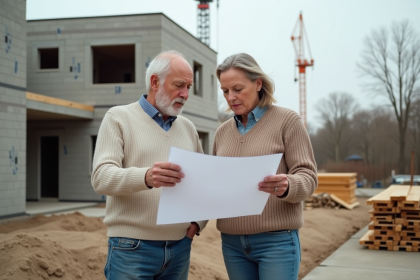 Couple de middleaged discutant plans de maison en ext&eacute;rieur