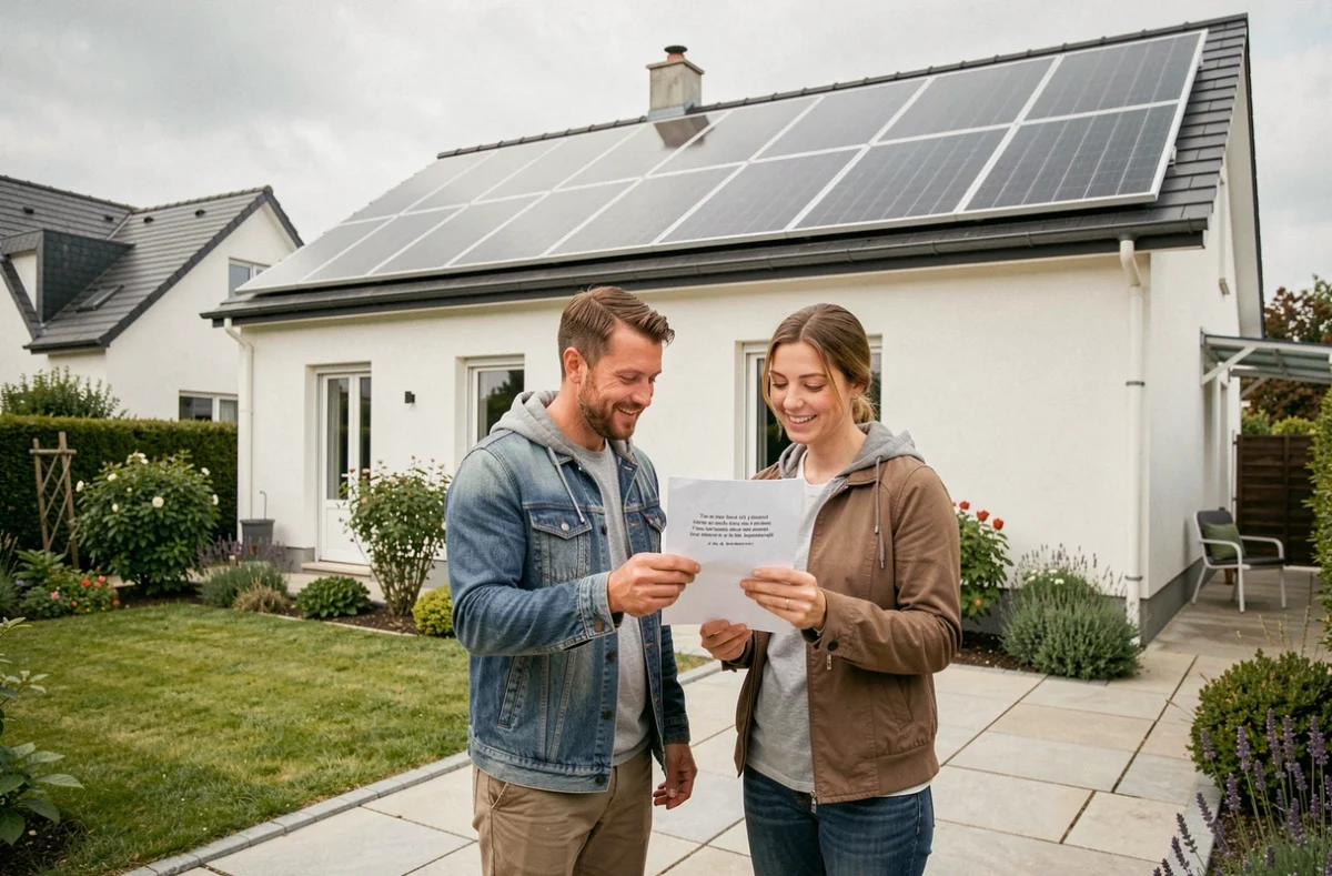 Couple français examinant un devis pour l'installation de panneaux solaires devant leur maison