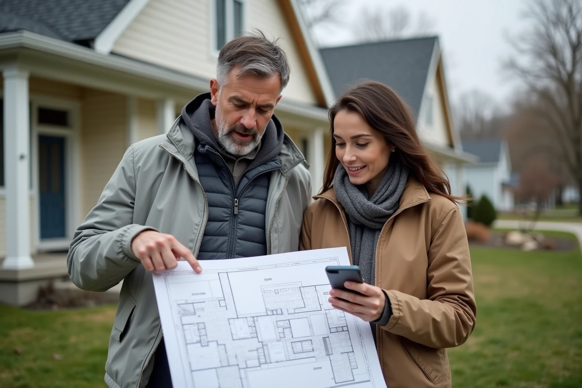 Couple consultant un plan architectural devant leur maison en rénovation lors d'une demande de permis d'habitation