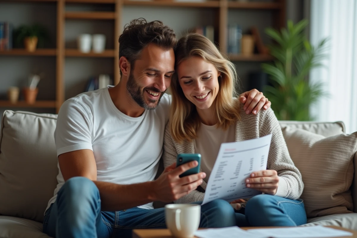 Couple planifiant leurs achats en ligne ensemble pour réduire le budget courses grâce aux promotions Carrefour